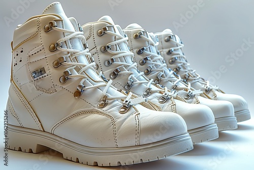 Stylish white ski boots isolated on a light background with room for custom text or designs photo