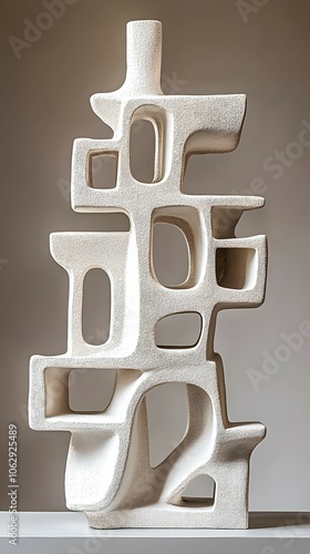 A white ceramic sculpture with an abstract, geometric design. The sculpture is stacked and features a variety of shapes and sizes.