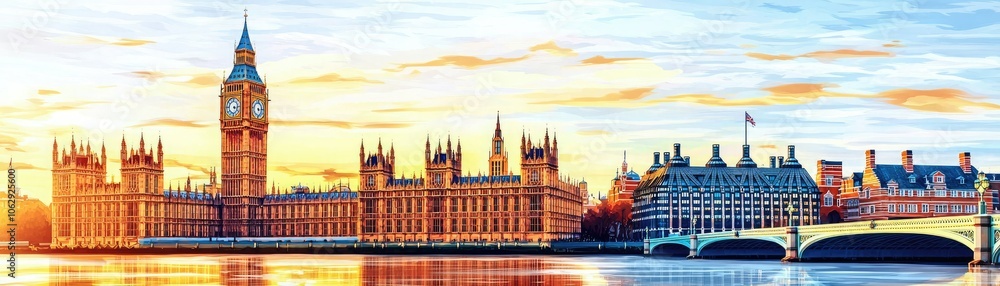 A vibrant sunset over the Houses of Parliament and Big Ben, illuminating the River Thames in London, showcasing the city's iconic architecture. A vibrant sunset over the Houses of Parliament and Big Ben, illuminating the River Thames in London, showcasing the city's iconic architecture.
