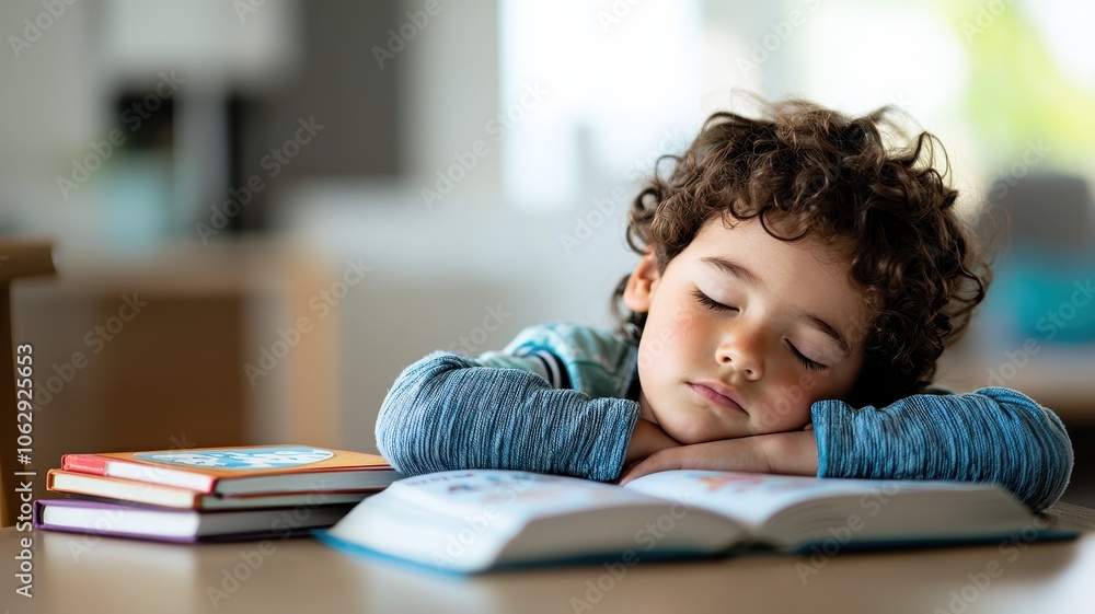 A young child peacefully sleeps on an open book, with additional books stacked nearby, conveying a serene study or reading environment. A young child peacefully sleeps on an open book, with additional books stacked nearby, conveying a serene study or reading environment.