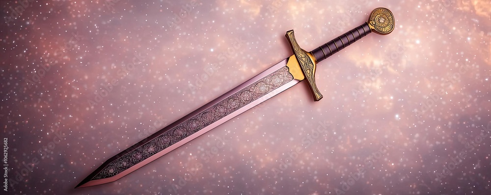 Naklejka premium ornate sword on a textured background, perfect for medieval themes