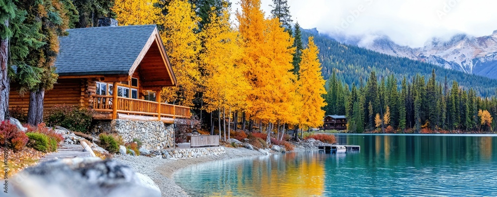 Fototapeta premium A serene cabin by a tranquil lake surrounded by vibrant autumn foliage and majestic mountains, reflecting nature's beauty.