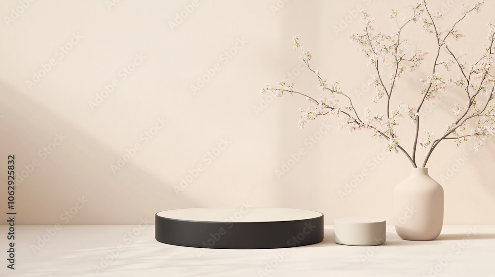custom made wallpaper toronto digitalA circular 3D product podium in a modern style, with a soft, monochromatic background. The platform has a refined matte finish, with gentle lighting that enhances its sleek design. Shadows add depth,