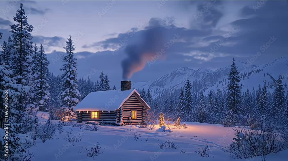 Cozy log cabin glowing with warmth in a snow-covered winter wonderland, surrounded by tall, snow-covered trees. Serene and peaceful setting evokes comfort and solitude Cozy log cabin glowing with warmth in a snow-covered winter wonderland, surrounded by tall, snow-covered trees. Serene and peaceful setting evokes comfort and solitude