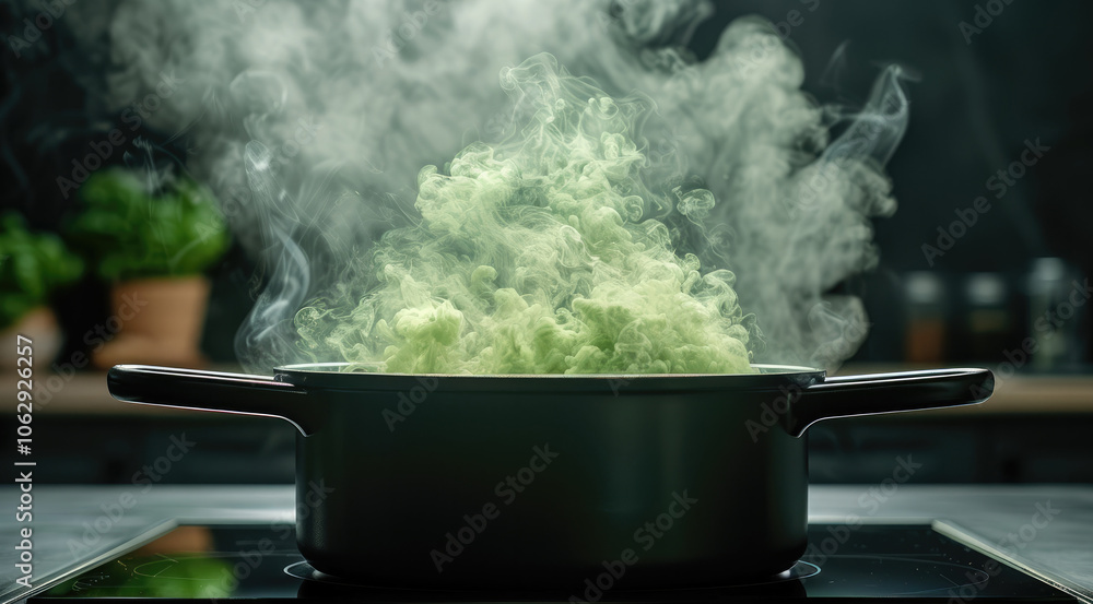 Black pot with green steam, featuring rich textures and a focus on the swirling steam, capturing the essence of a mysterious kitchen setting. Black pot with green steam, featuring rich textures and a focus on the swirling steam, capturing the essence of a mysterious kitchen setting.