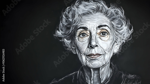 Portrait of an elderly woman with gray hair and wrinkled face.