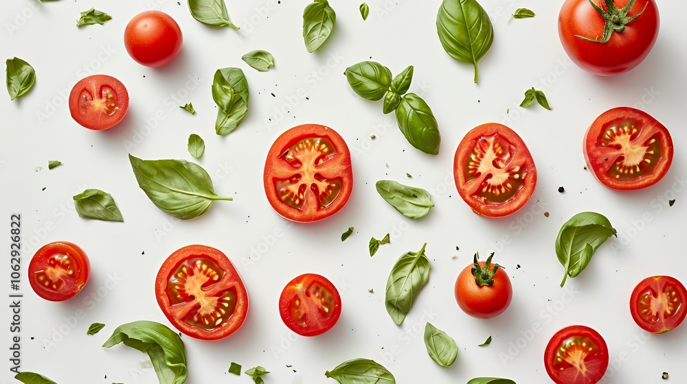 Fresh red tomatoes, halved tomatoes, and basil leaves arranged in a pattern on a white background. Fresh red tomatoes, halved tomatoes, and basil leaves arranged in a pattern on a white background.