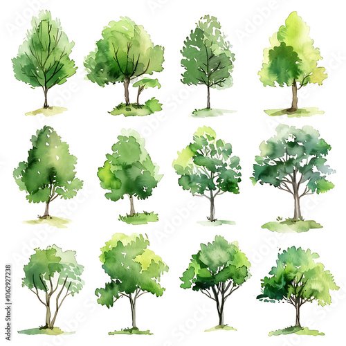 Set of watercolor green tree isolated on white background for landscape and architecture drawing, elements for environment and garden, botanical for section in spring