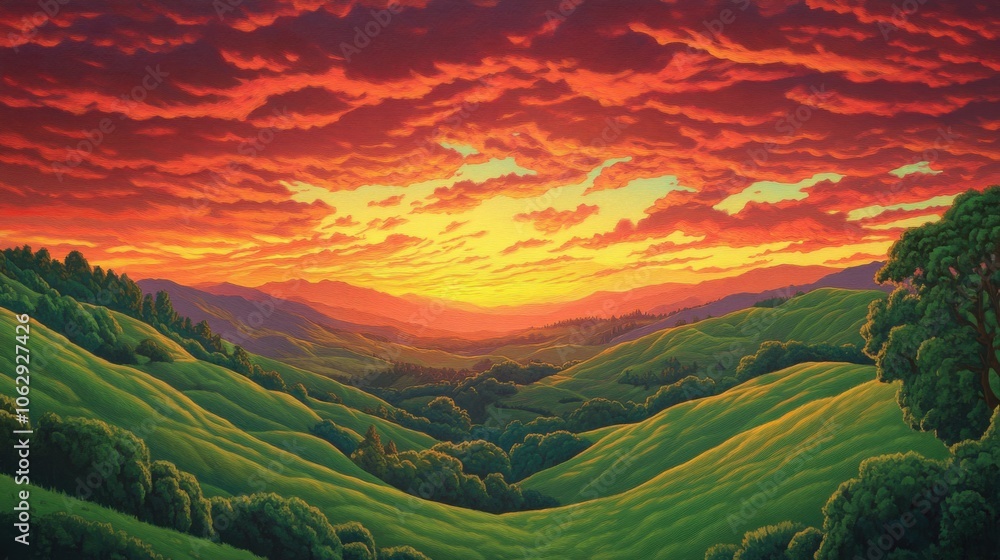A picturesque sunset over lush green hills, showcasing A picturesque sunset over lush green hills, showcasing
