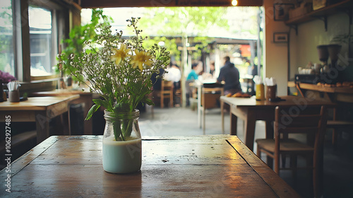 A bouquet of flowers in a glass vase sits on a wooden table in a cafe.