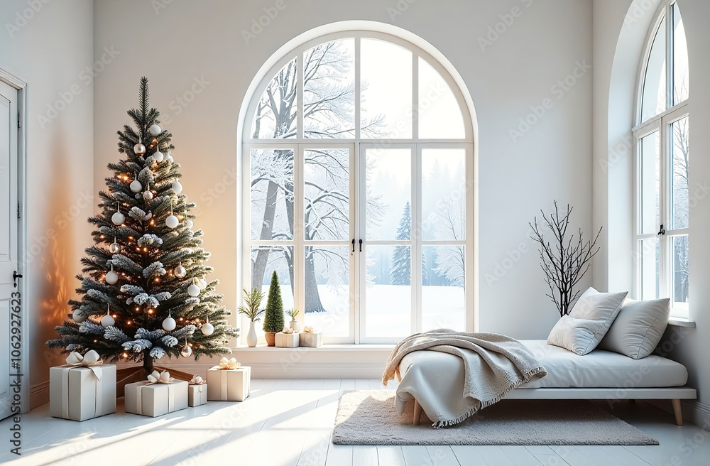 cozy bright modern bedroom with christmas tree illuminated by natural light from large window cozy bright modern bedroom with christmas tree illuminated by natural light from large window