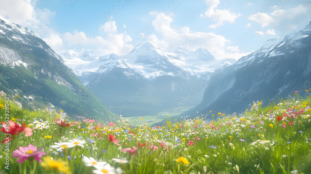 A field of wildflowers blooms in the shadow of the snow-capped Alps. A field of wildflowers blooms in the shadow of the snow-capped Alps.