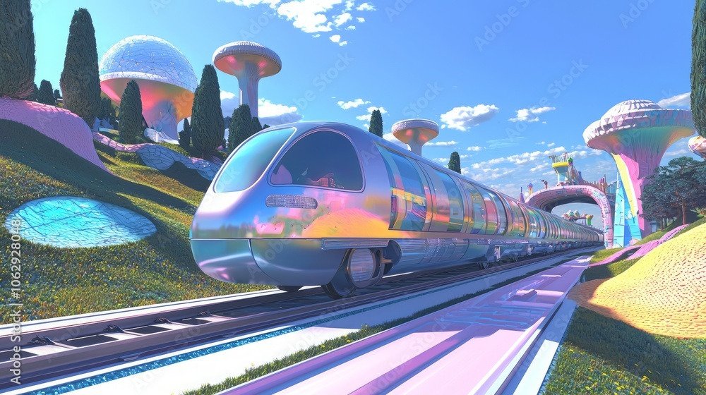 Fototapeta premium Whimsical Retro-Futuristic Train Journey Through Vibrant Landscape | 3D Render Illustration with Unique Architectural Elements