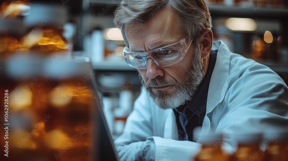 A scientist in a lab coat works at a computer with test tubes in the background. A scientist in a lab coat works at a computer with test tubes in the background.