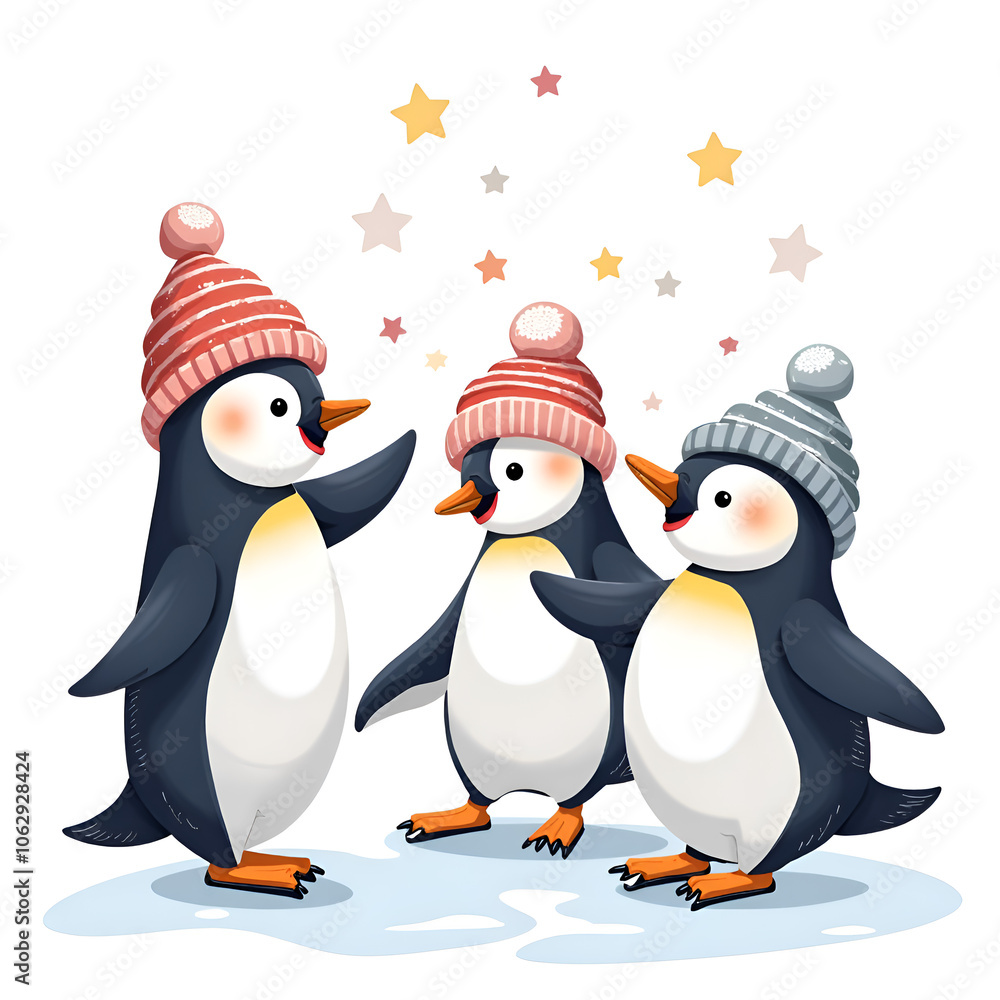 Fototapeta premium Three cheerful penguins in winter hats celebrate together under a starlit sky, digital illustration of whimsical scene concept.