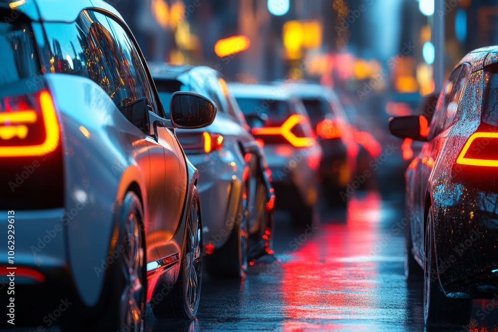 A busy city street at night filled with cars. Bright reflections dance on the wet pavement. This photo captures urban life and modern transportation. Generative AI A busy city street at night filled with cars. Bright reflections dance on the wet pavement. This photo captures urban life and modern transportation. Generative AI