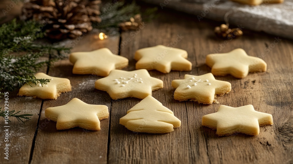 Star and Tree Shaped Holiday Cookies on Wood Table Star and Tree Shaped Holiday Cookies on Wood Table