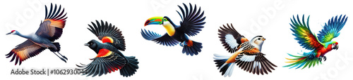 Set of tropical and wild birds in flight isolated on transparent background