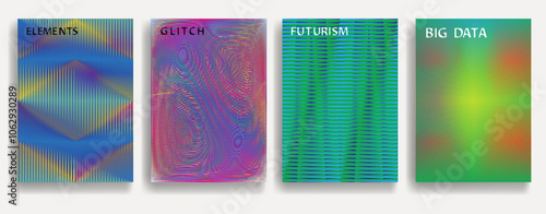 Glitch distorted geometric template brochures . Modern art design . Noise destroyed glitched flyer . Trendy brochure with vector lines . Glitched flyer. Hologram effects . set of vector templates