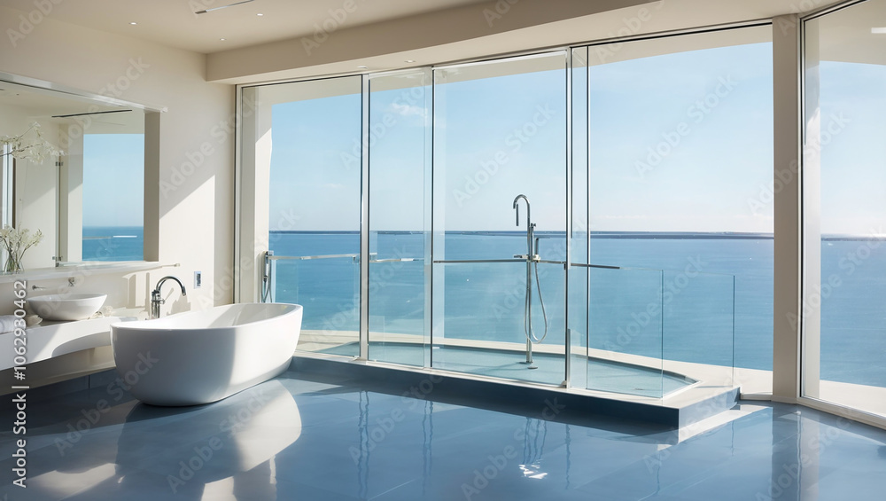 A modern bathroom with large windows overlooking the ocean. Smooth, light-blue floor. A modern bathroom with large windows overlooking the ocean. Smooth, light-blue floor.