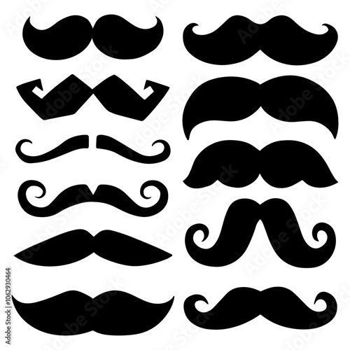 A collection of twelve unique moustache silhouettes in various vintage and classic styles. Perfect for men’s grooming themes, barbershop designs, or playful character illustrations.