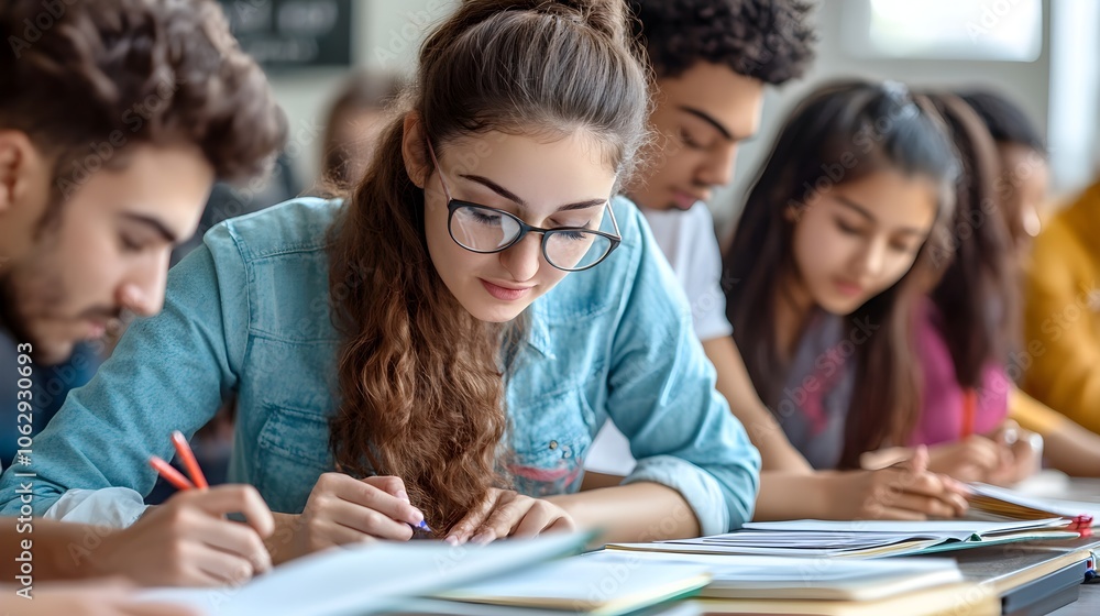 Focused Students Studying Together in Classroom Focused Students Studying Together in Classroom