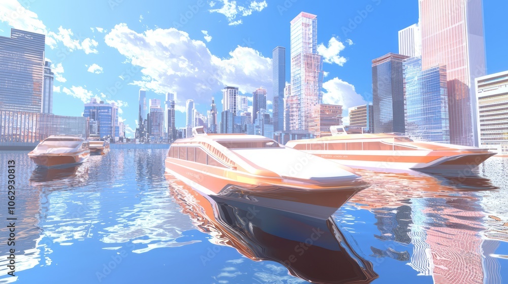 Naklejka premium Retro-Futuristic Ferry Adventure: 3D Render of Vibrant Water Travel with Sleek Boats and City Skyline Views
