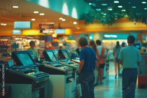 Busy shopping center with vibrant colors. Shoppers interact with self-service kiosks. A modern retail atmosphere filled with convenience. Generative AI.