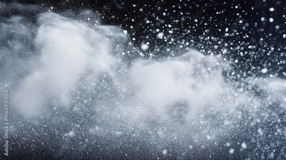 Snow particles and snow dust create captivating winter backgrounds. Delicate white powder spray against a dark backdrop emphasizes the beauty of snow particles and snow dust. Snow particles and snow dust create captivating winter backgrounds. Delicate white powder spray against a dark backdrop emphasizes the beauty of snow particles and snow dust.