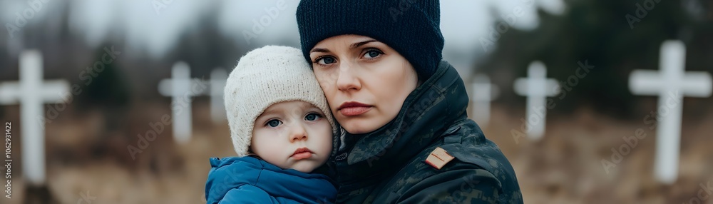 Woman and Child at Cemetery with Crosses in Background Woman and Child at Cemetery with Crosses in Background