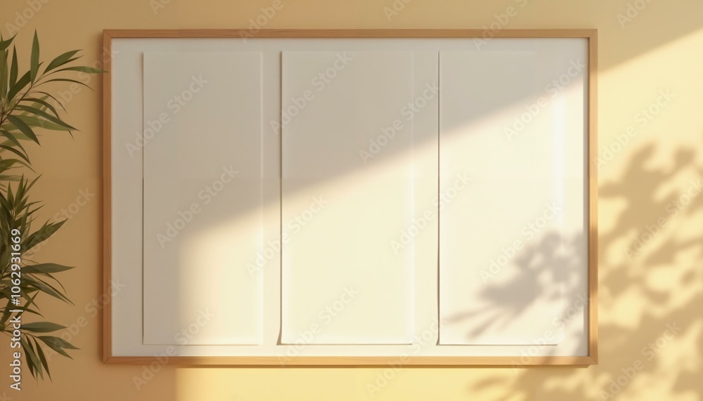 Blank vision board template with wooden frame on warm yellow wall Blank vision board template with wooden frame on warm yellow wall