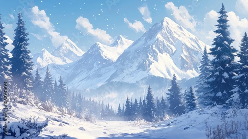 Wallpaper Mural Winter landscape filled with snow-covered mountains and majestic pine trees, creating a serene and tranquil winter atmosphere. Ideal for winter-themed concepts with ample copy space. Torontodigital.ca