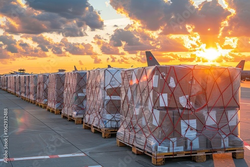 Military aircraft at sunset  cargo delivery for humanitarian aid or ammunition at airport
