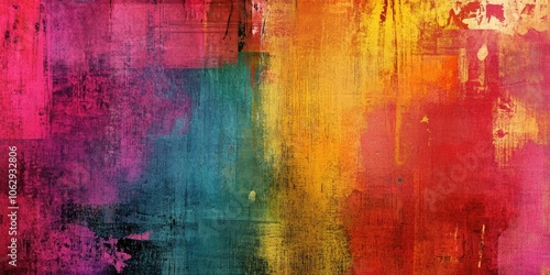 Bright and lively abstract expressionist grunge art featuring a textured paper finish. This vibrant artwork showcases a unique fusion of colors and styles, emphasizing creativity.