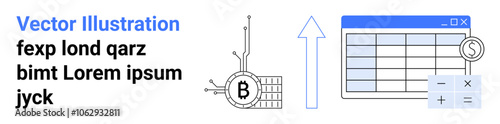 Bitcoin logo with circuit, upward growth arrow, calculator, and data table. Ideal for cryptocurrency, investment, financial growth, accounting, data analysis, fintech, and education. Landing page