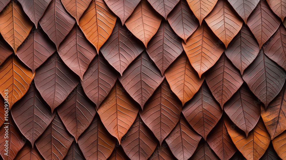 Natural brown leaves arranged in textured pattern, showcasing various shades and shapes. This macro shot highlights intricate details and organic beauty of nature