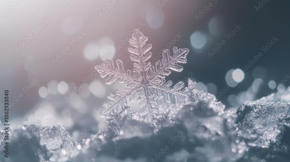 Beautiful Snowflake on Frozen Surface with Sparkling Backdrop Beautiful Snowflake on Frozen Surface with Sparkling Backdrop