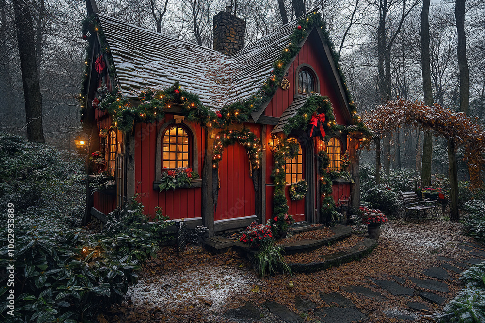 Fototapeta premium Front view of Santa Claus and Father Frost's residence. The wooden house is decorated with Christmas decorations. Generated by artificial intelligence