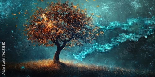 Uma representacao abstrata de uma arvore genealogica sobre um fundo digital. Refere se a ideia de ancestralidade e a busca relacionada a genealogia.