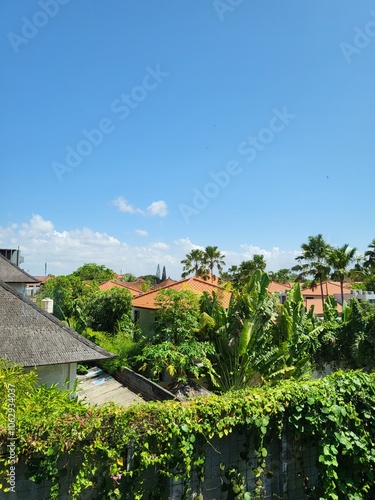 Under a clear sky, houses with red roofs are surrounded by lush greenery, creating a peaceful, tropical landscape filled with tranquility.