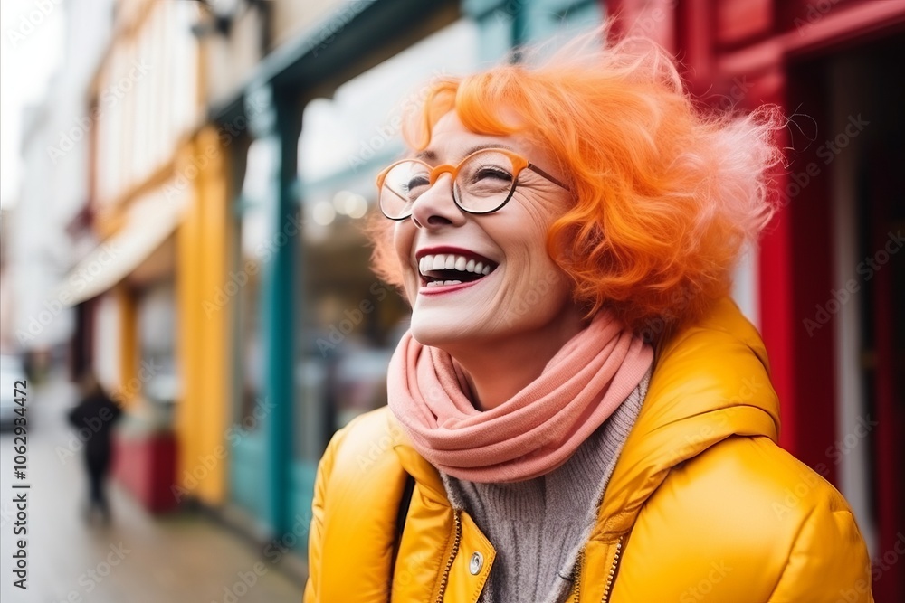 Portrait of a beautiful senior woman with orange hair and glasses. Portrait of a beautiful senior woman with orange hair and glasses.