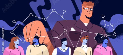 Manipulation concept. Dictator with authority dominates above people. Master influences, manages dependence marionettes. Hidden government controls crowd mind, thoughts. Flat vector illustration