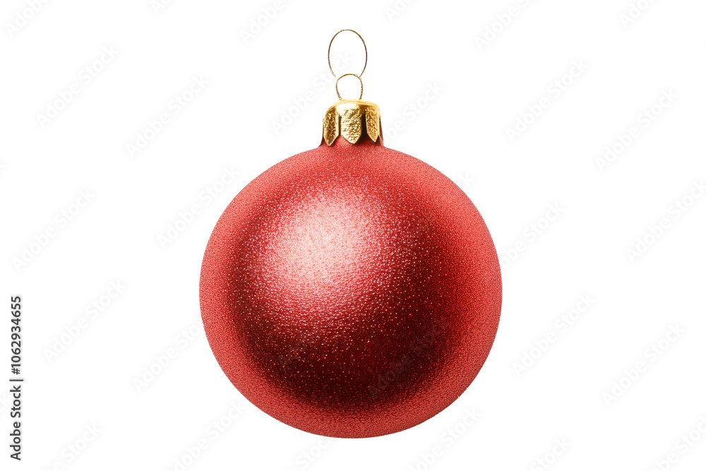 A shiny red Christmas ornament with a glittering texture, isolated on white background. Concept of holiday decoration. A shiny red Christmas ornament with a glittering texture, isolated on white background. Concept of holiday decoration.