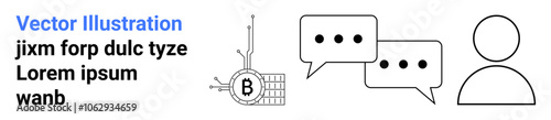 Bitcoin symbol with connecting nodes, two speech bubbles with ellipses, user silhouette, and placeholder text. Ideal for finance, cryptocurrency, technology, communication, networking, social media