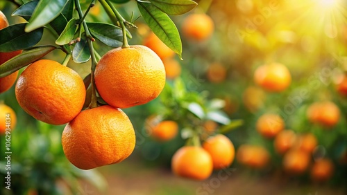 Close-up of ripe and fresh tangerine orange hanging on branch in orange orchard