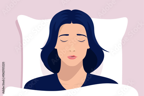 Sleeping woman in bed - Young female person face with closed sleep eyes, feeling comfort and relaxed with head on pillow lying under blanket in bed. Top down view vector illustration