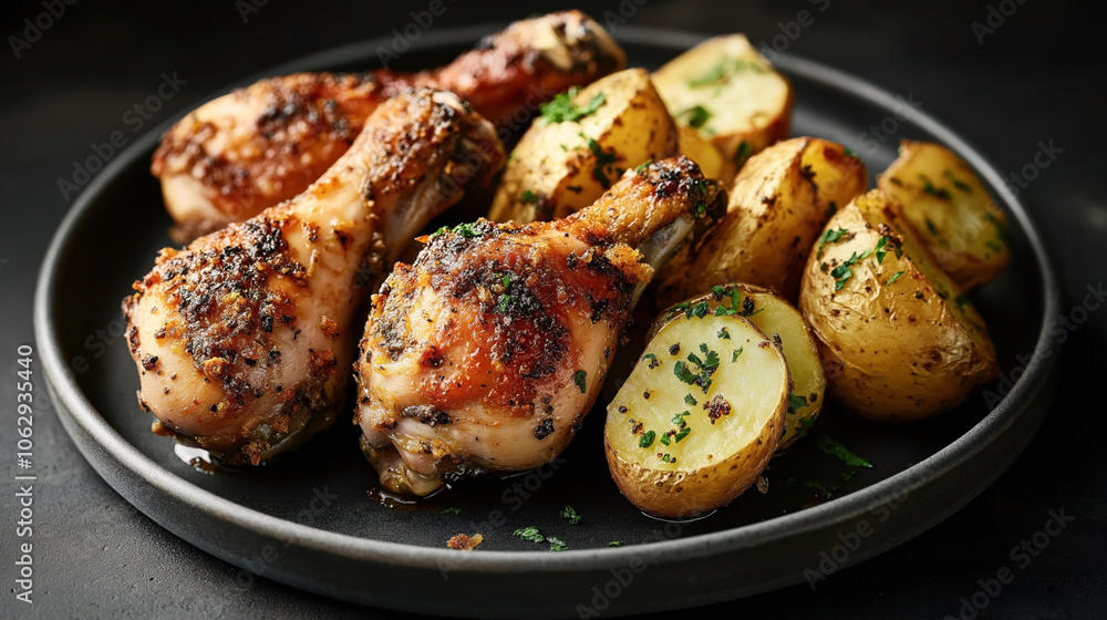 Close-up of roasted chicken drumsticks and seasoned potato wedges garnished with herbs on a dark plate. Close-up of roasted chicken drumsticks and seasoned potato wedges garnished with herbs on a dark plate.