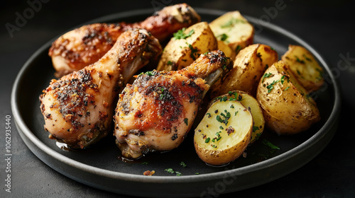 Close-up of roasted chicken drumsticks and seasoned potato wedges garnished with herbs on a dark plate.