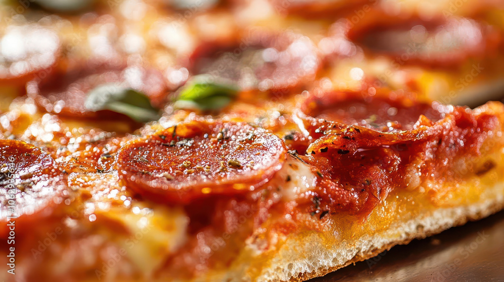 Delicious close up of slice of traditional pepperoni pizza with melted cheese, crispy crust, and fresh basil. Perfect for food lovers and pizza enthusiasts! Delicious close up of slice of traditional pepperoni pizza with melted cheese, crispy crust, and fresh basil. Perfect for food lovers and pizza enthusiasts!