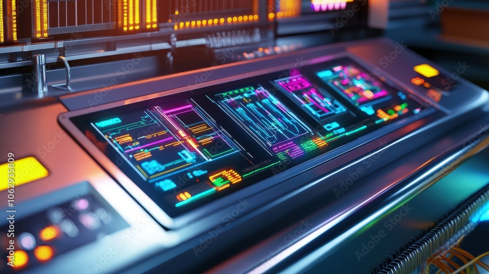 A high-tech electrical control box with digital touch panels, sleek metal casing, and colorful glowing wires, set in a modern control room environment. A high-tech electrical control box with digital touch panels, sleek metal casing, and colorful glowing wires, set in a modern control room environment.